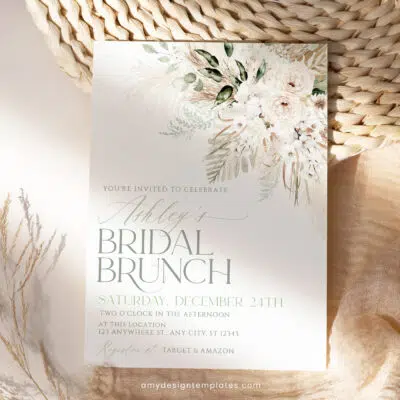 Boho Greenery Bridal Brunch Invitation, Green Pampas Bridal Shower Editable Template