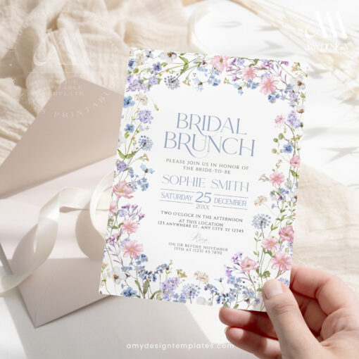 Bright Wildflower Bridal Brunch Invitation, Pastel Floral Bridal Shower Editable Template