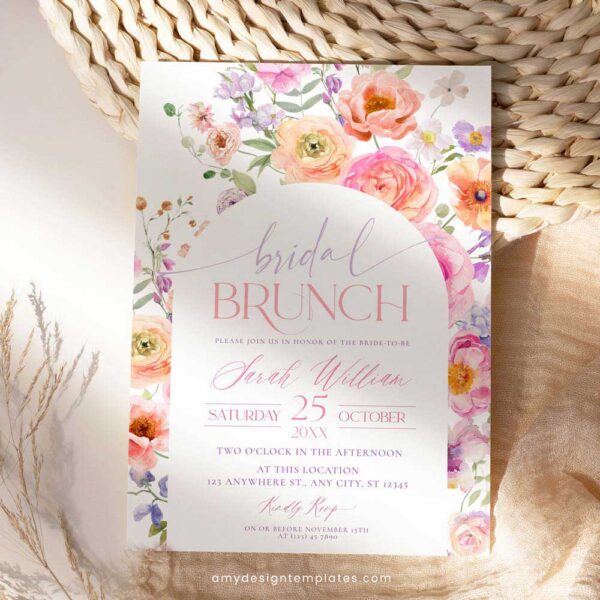 Floral Bridal Brunch Template Bundle | Bright Flower Bridal Shower Brunch Invitations | Editable Menu Place Cards & Signs Floral Bridal Brunch Invitation Template