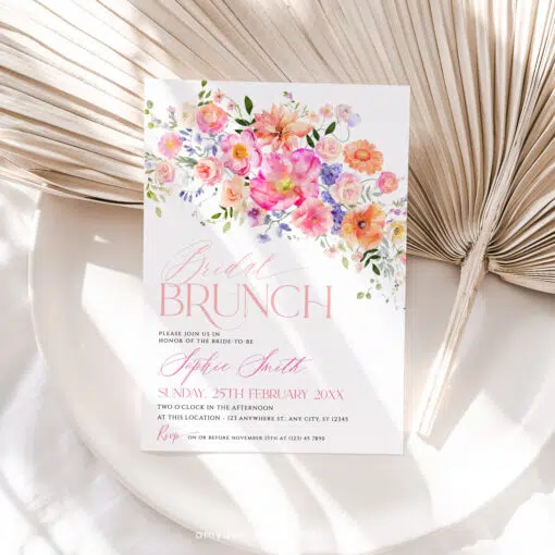 Bright Floral Bridal Brunch Invitation, Colorful Bridal Shower & Birthday Brunch Editable Template