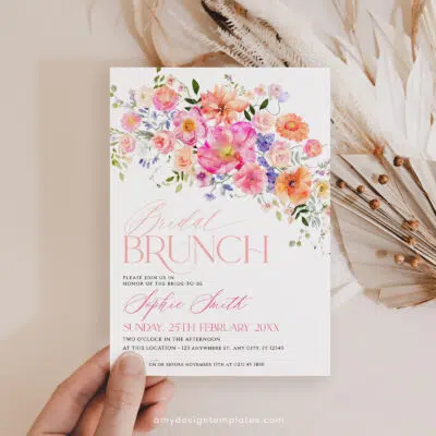 Bright Floral Bridal Brunch Invitation, Colorful Bridal Shower & Birthday Brunch Editable Template