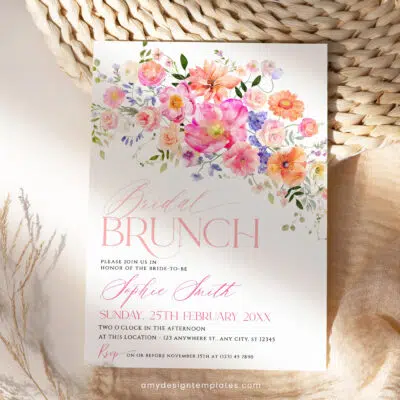 Bright Floral Bridal Brunch Invitation, Colorful Bridal Shower & Birthday Brunch Editable Template