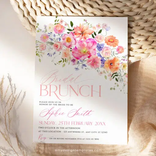 Bright Floral Bridal Brunch Invitation, Colorful Bridal Shower & Birthday Brunch Editable Template