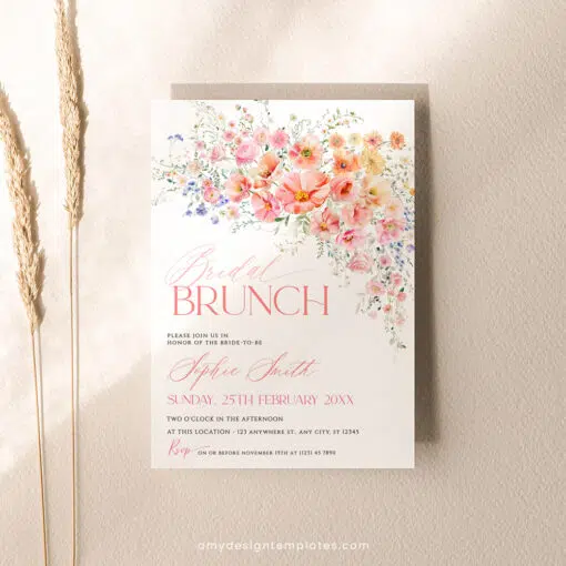 Floral Bridal Brunch Invitation Editable template, Bright Colorful bridal brunch invite, Wildflower Bridal shower brunch A054