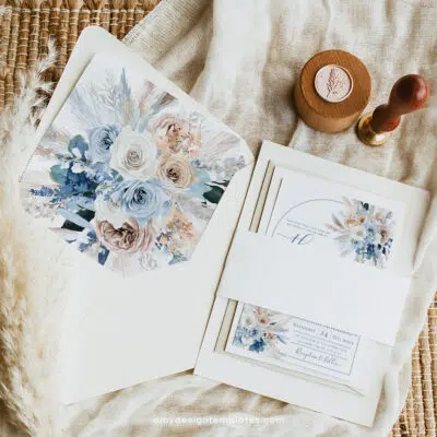 Blue Boho Wedding Invitation Suite Template | Dusty Blue Pampas Grass Wedding Invite Set