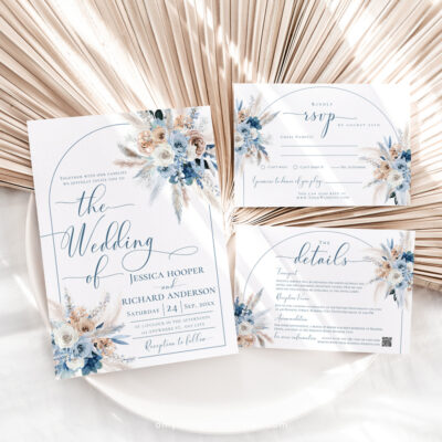 Blue Boho Wedding Invitation Suite Template - Dusty Blue Wedding Set Blue Boho Wedding Invitation Suite Template