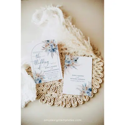 Blue Boho Wedding Invitation Suite Template | Dusty Blue Pampas Grass Wedding Invite Set