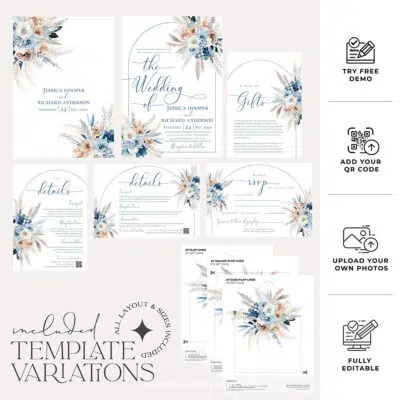 Blue Boho Wedding Invitation Suite Template