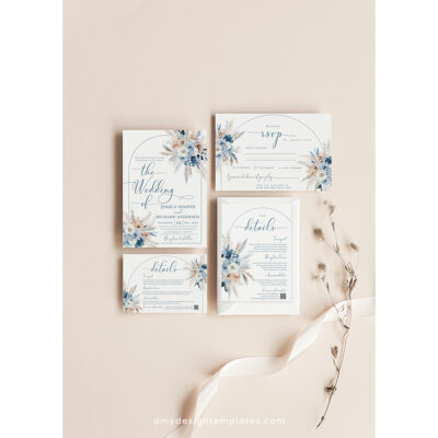 Blue Boho Wedding Invitation Suite Template - Dusty Blue Wedding Set Blue Boho Wedding Invitation Suite Template