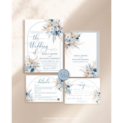 Blue Boho Wedding Invitation Suite Template - Dusty Blue Wedding Set Blue Boho Wedding Invitation Suite Template