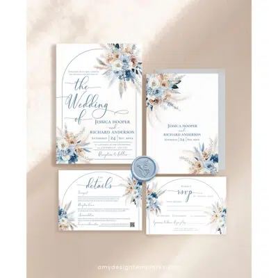 Blue Boho Wedding Invitation Suite Template