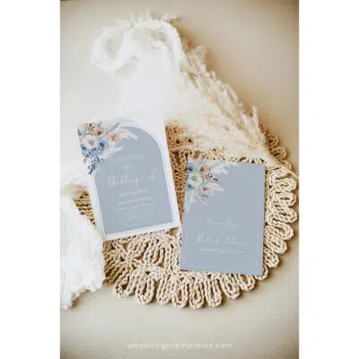 Dusty Blue Boho Wedding Invitation Suite | Editable Blue Wedding Template with QR Code