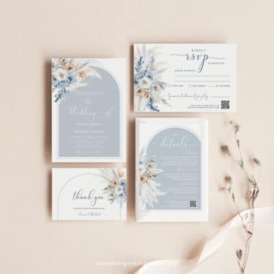 Dusty Blue Boho Wedding Invitation Suite | Editable Blue Wedding Template with QR Code