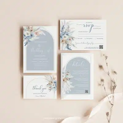 Dusty Blue Boho Wedding Invitation Suite | Editable Blue Wedding Template with QR Code