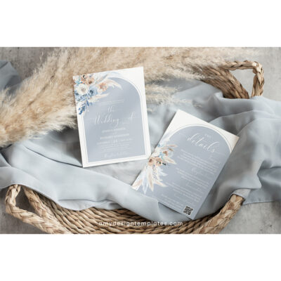 Dusty Blue Boho Wedding Invitation Suite | Editable Blue Wedding Template with QR Code