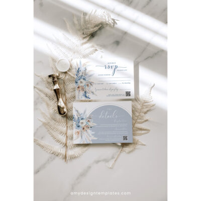 Dusty Blue Boho Wedding Invitation Suite | Editable Blue Wedding Template with QR Code