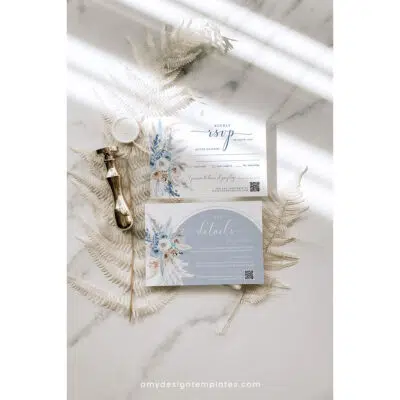 Dusty Blue Boho Wedding Invitation Suite | Editable Blue Wedding Template with QR Code