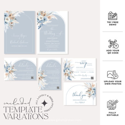 Dusty Blue Boho Wedding Invitation Suite | Editable Blue Wedding Template with QR Code