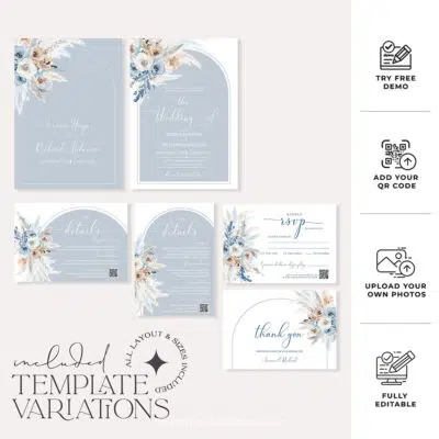 Dusty Blue Boho Wedding Invitation Suite | Editable Blue Wedding Template with QR Code
