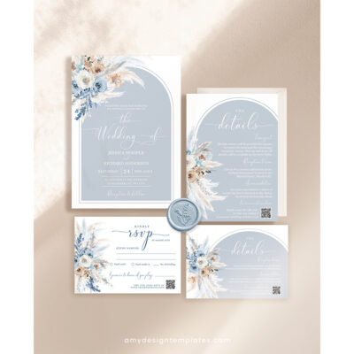 Dusty Blue Boho Wedding Invitation Suite | Editable Blue Wedding Template with QR Code