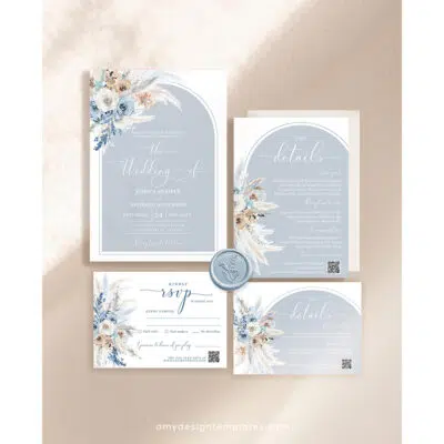 Dusty Blue Boho Wedding Invitation Suite | Editable Blue Wedding Template with QR Code