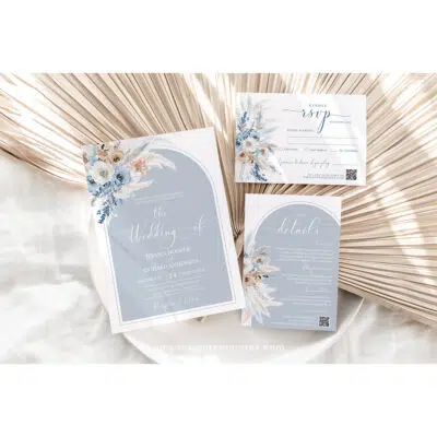 Dusty Blue Boho Wedding Invitation Suite | Editable Blue Wedding Template with QR Code