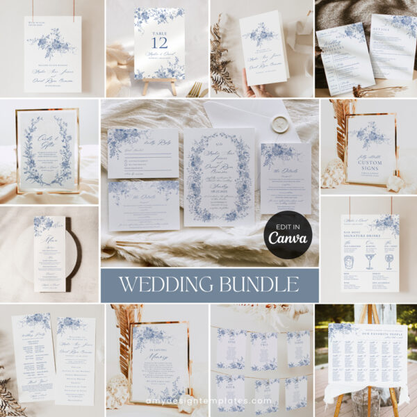 Minimalist wedding invitation bundle Canva template editable