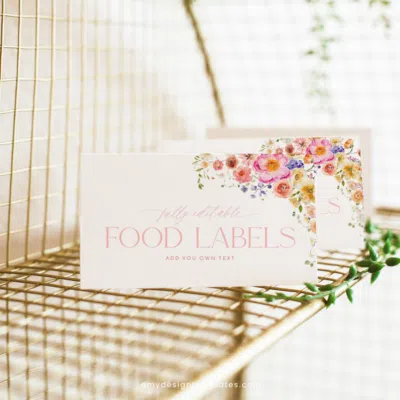 Bright Floral Food Labels Template, Floral printed place cards, Colorful Flowers Place card printable, food label Editable template B066