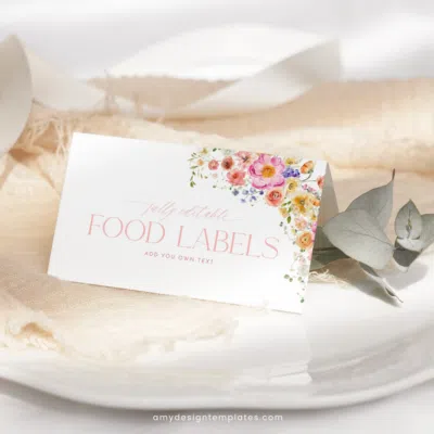 Bright Floral Food Labels Template, Floral printed place cards, Colorful Flowers Place card printable, food label Editable template B066