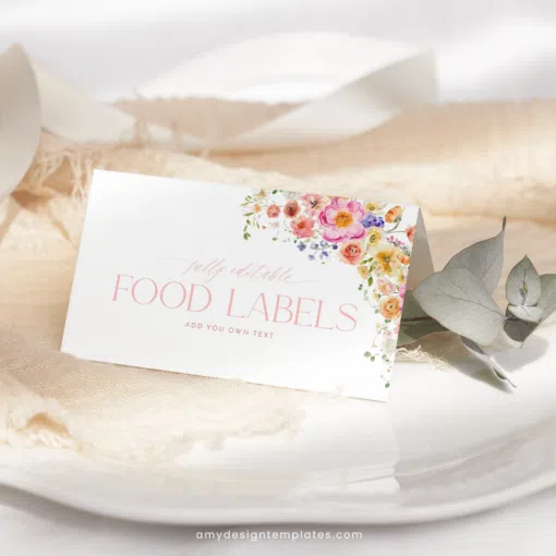 Bright Floral Food Labels Template, Floral printed place cards, Colorful Flowers Place card printable, food label Editable template B066