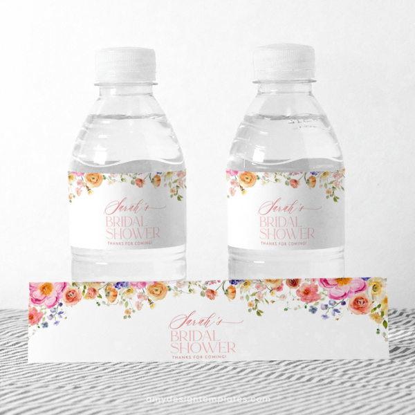 Editable Water Bottle Label Template, Water Bottle Label editable template, Bright Colorful Floral Garden Labels Water Bottle B066