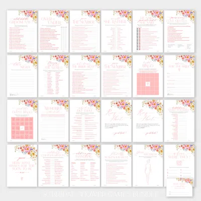 50 Bridal Shower Games Bundle Template Editable, Bright Flowers Bridal Shower Games Printable, Bundle Shower Games B066