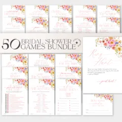 50 Bridal Shower Games Bundle Template Editable, Bright Flowers Bridal Shower Games Printable, Bundle Shower Games B066