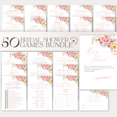 50 Bridal Shower Games Bundle Template Editable, Bright Flowers Bridal Shower Games Printable, Bundle Shower Games B066