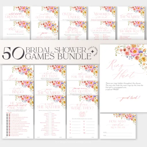 50 Bridal Shower Games Bundle Template Editable, Bright Flowers Bridal Shower Games Printable, Bundle Shower Games B066