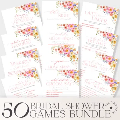 50 Bridal Shower Games Bundle Template Editable, Bright Flowers Bridal Shower Games Printable, Bundle Shower Games B066