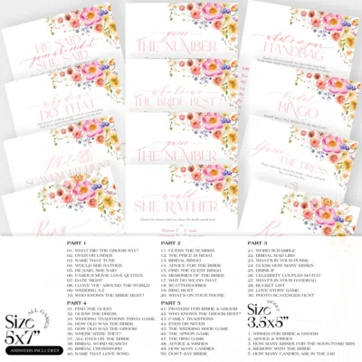 50 Bridal Shower Games Bundle Template Editable, Bright Flowers Bridal Shower Games Printable, Bundle Shower Games B066