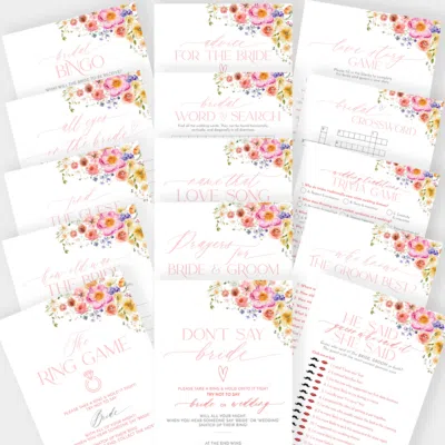 50 Bridal Shower Games Bundle Template Editable, Bright Flowers Bridal Shower Games Printable, Bundle Shower Games B066