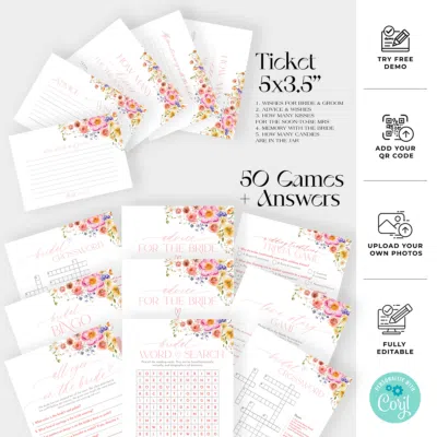 50 Bridal Shower Games Bundle Template Editable, Bright Flowers Bridal Shower Games Printable, Bundle Shower Games B066