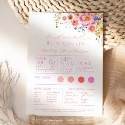 Bridesmaid Information Card, Bridesmaid Proposal Card Template, Will You Be My Bridesmaid Card Colorful Floral Bridal Shower B066