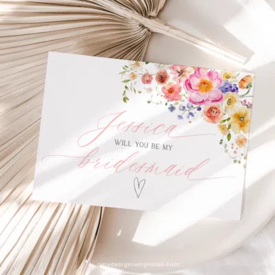 Bridesmaid Information Card, Bridesmaid Proposal Card Template, Will You Be My Bridesmaid Card Colorful Floral Bridal Shower B066
