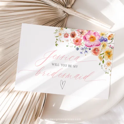 Bridesmaid Information Card, Bridesmaid Proposal Card Template, Will You Be My Bridesmaid Card Colorful Floral Bridal Shower B066