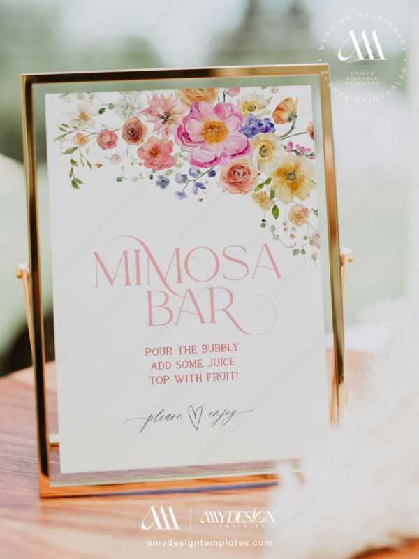 Bright Flowers Mimosa Bar Sign Printable | Floral Bridal Shower Table Sign Editable