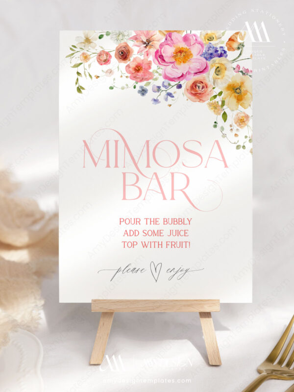 Bright Flowers Mimosa Bar Sign Printable | Floral Bridal Shower Table Sign Editable