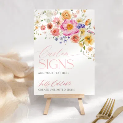 Editable Custom Sign Template, Bright Flowers Personalized Sign Template, Bridal Shower Signage Printables Place Card Template B066