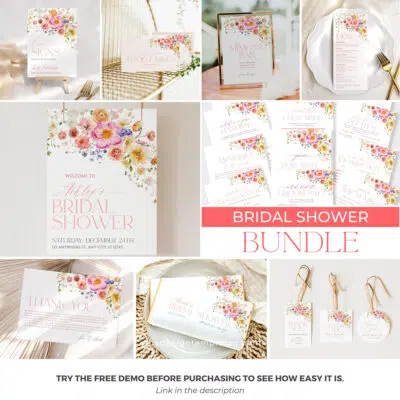 Bright Flowers Bridal Shower Bundle Template, Vivid Bridal Shower invitations template, Shower Bundle Printable Template Colorful B066