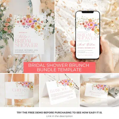 Bright Flowers Bridal Shower Bundle Template, Vivid Bridal Shower invitations template, Shower Bundle Printable Template Colorful B066
