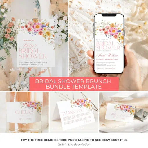Bright Flowers Bridal Shower Bundle Template, Vivid Bridal Shower invitations template, Shower Bundle Printable Template Colorful B066