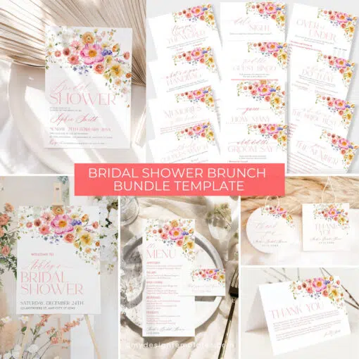 Bright Flowers Bridal Shower Bundle Template, Vivid Bridal Shower invitations template, Shower Bundle Printable Template Colorful B066