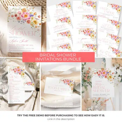 Bright Flowers Bridal Shower Bundle Template, Vivid Bridal Shower invitations template, Shower Bundle Printable Template Colorful B066